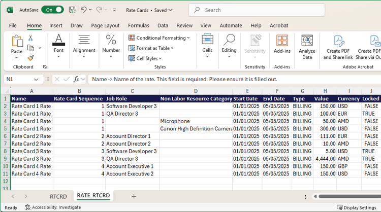 Scheda RATE_RTCRD nel file modello di importazione scheda tariffe