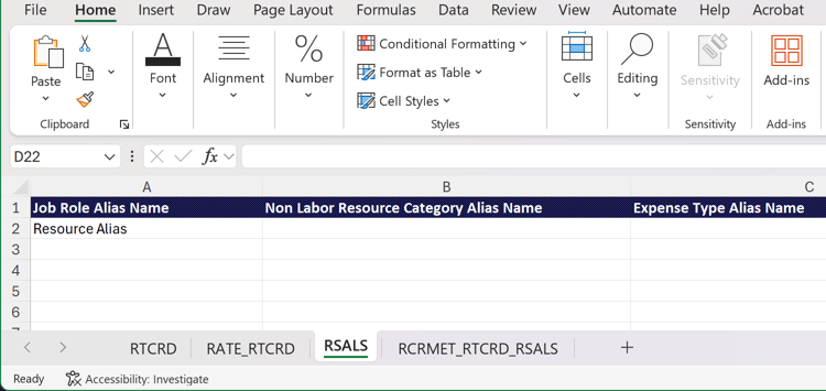 Scheda RCRMET_RTCRD_RSAL nel file modello importazione scheda tariffe