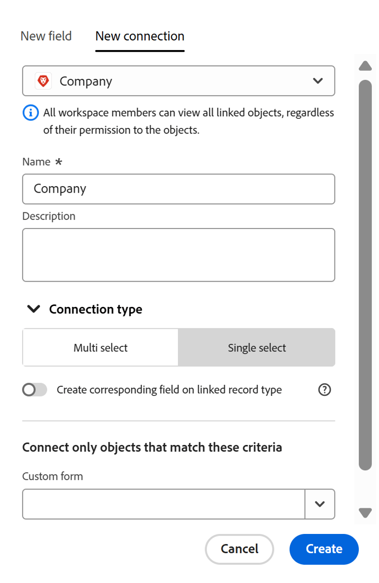 Tipo di connessione a selezione singola