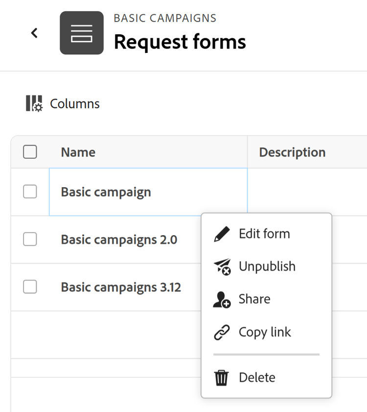 Altro menu nel modulo di richiesta dallelenco dei moduli di richiesta