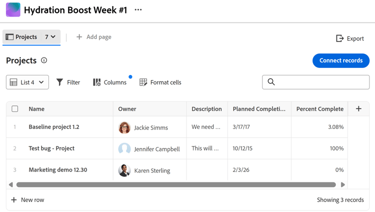 Progetti nella pagina dei record connessi nella vista a elenco