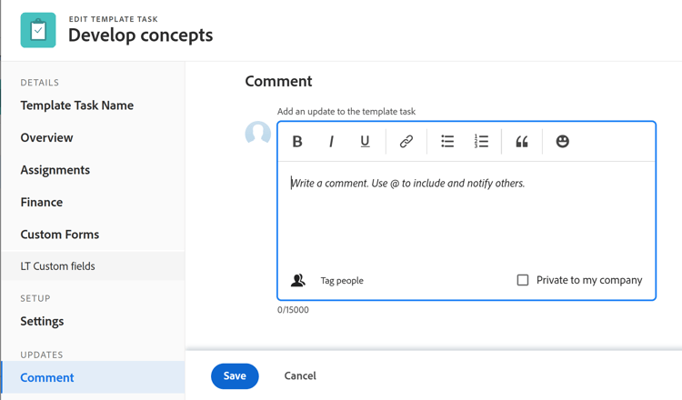 Sezione commenti modifica attività modello