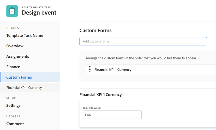 Sezione moduli personalizzati per modifica attività modello