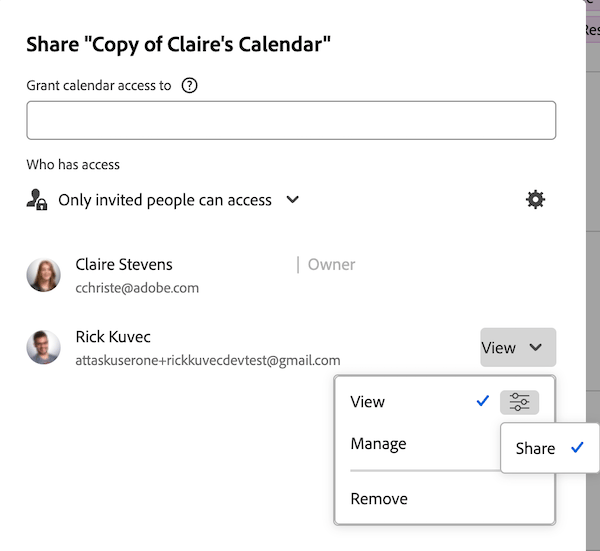 Condividi calendario con accesso in visualizzazione