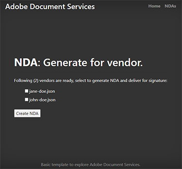 「NDAを作成」ユーザーインターフェイスのスクリーンショット