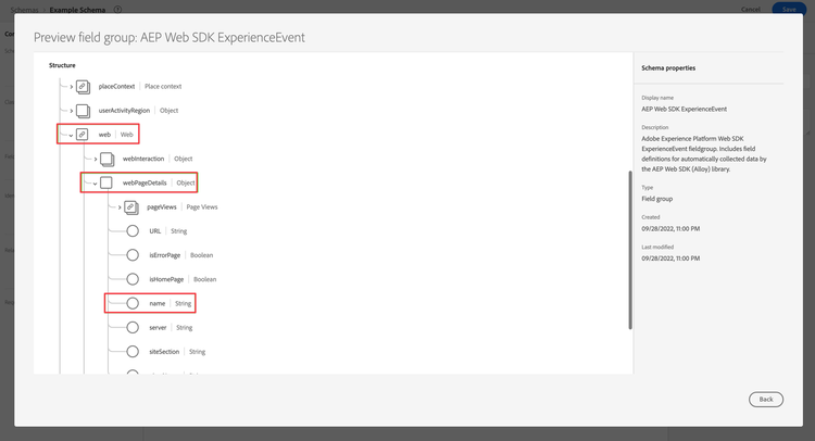 AEP Web SDK ExperienceEvent フィールドグループのプレビュー