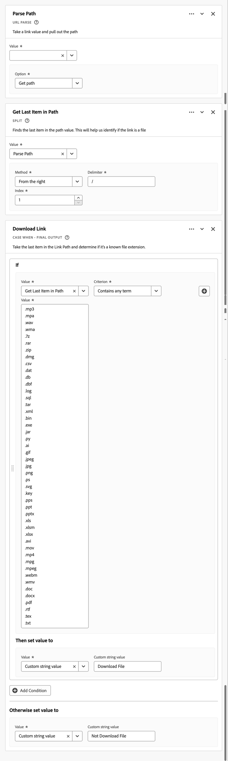 ダウンロードリンクのルールビルダーのスクリーンショット