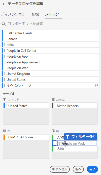 指標を表示する「フィルター」タブ