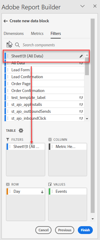 テーブルに追加された Sheet1!J1(All Data) フィルタを示す [ フィルタ ] タブ。