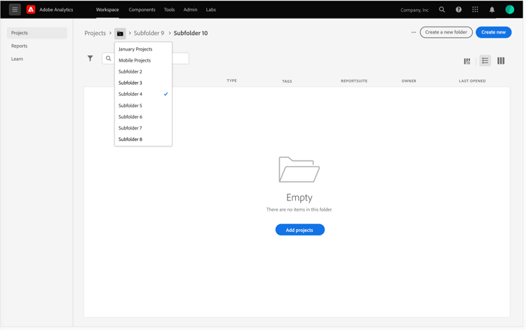 フォルダーのドロップダウンリストには、フォルダー内のすべてのサブフォルダーが表示されます。