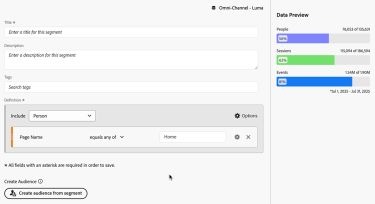 セグメントビルダーには、事前入力済みおよび事前定義済みの順次セグメントが表示されます。