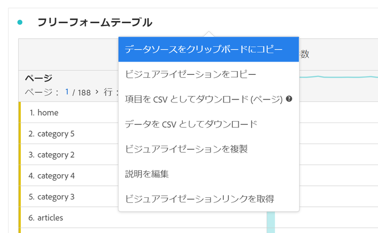 書き出しオプションと「データをクリップボードにコピー」が選択されていることを示すフリーフォームテーブル