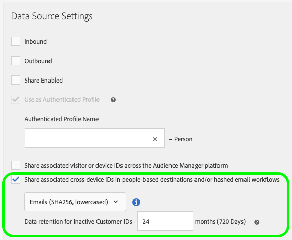 人物ベースの宛先やハッシュ化されたメールワークフローで、関連するクロスデバイス ID を共有するオプションを示すAudience Manager UI 画像