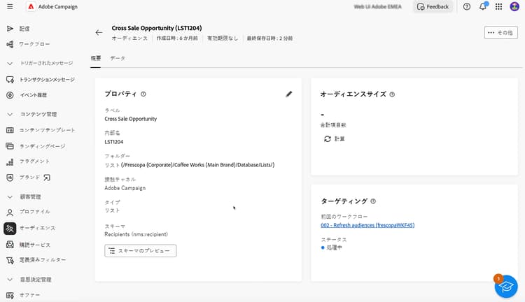 プロファイルやカスタマイズオプションなど、オーディエンスの詳細を示すスクリーンショット。