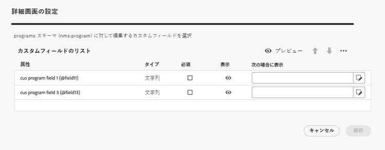 プログラムのカスタムフィールドの設定を示すスクリーンショット