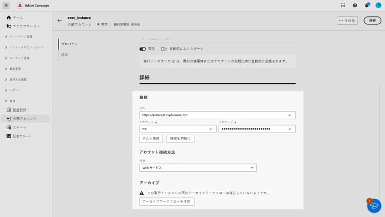 実行インスタンス外部アカウント設定フィールドを示すスクリーンショット。