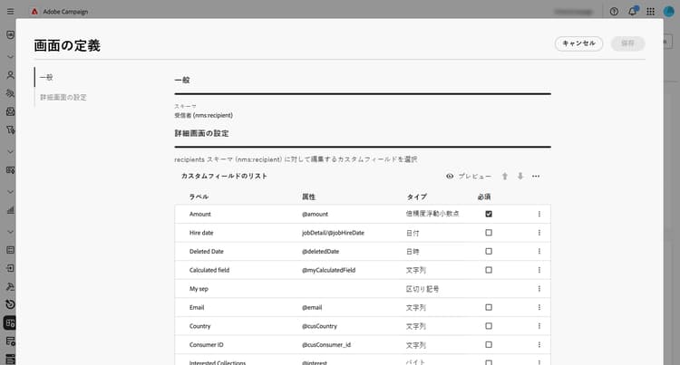 編集可能な属性を示すカスタムフィールド画面