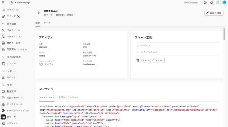 スキーマのプロパティとコンテンツを示すスキーマ詳細画面