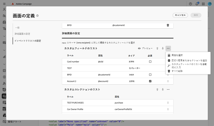 編集可能な属性を示すカスタムフィールド画面