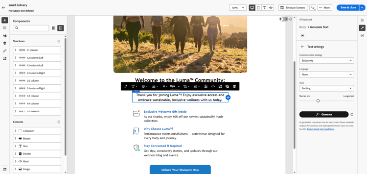 Adobe Campaign web のテキスト設定オプションを示すスクリーンショット
