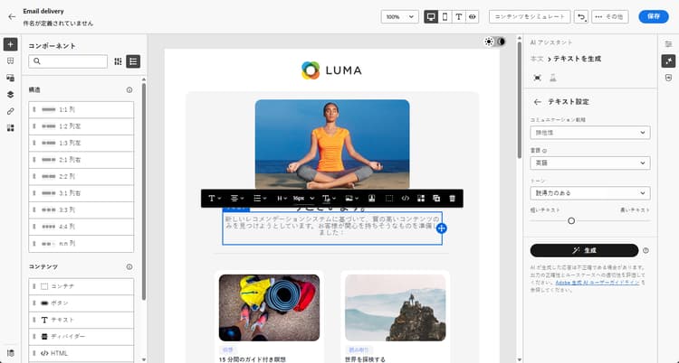 Adobe Campaign web のテキスト設定オプションを示すスクリーンショット