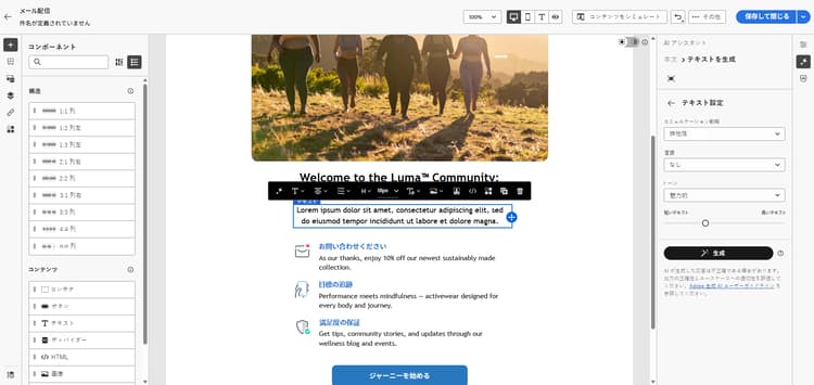 Adobe Campaign web のテキスト設定オプションを示すスクリーンショット