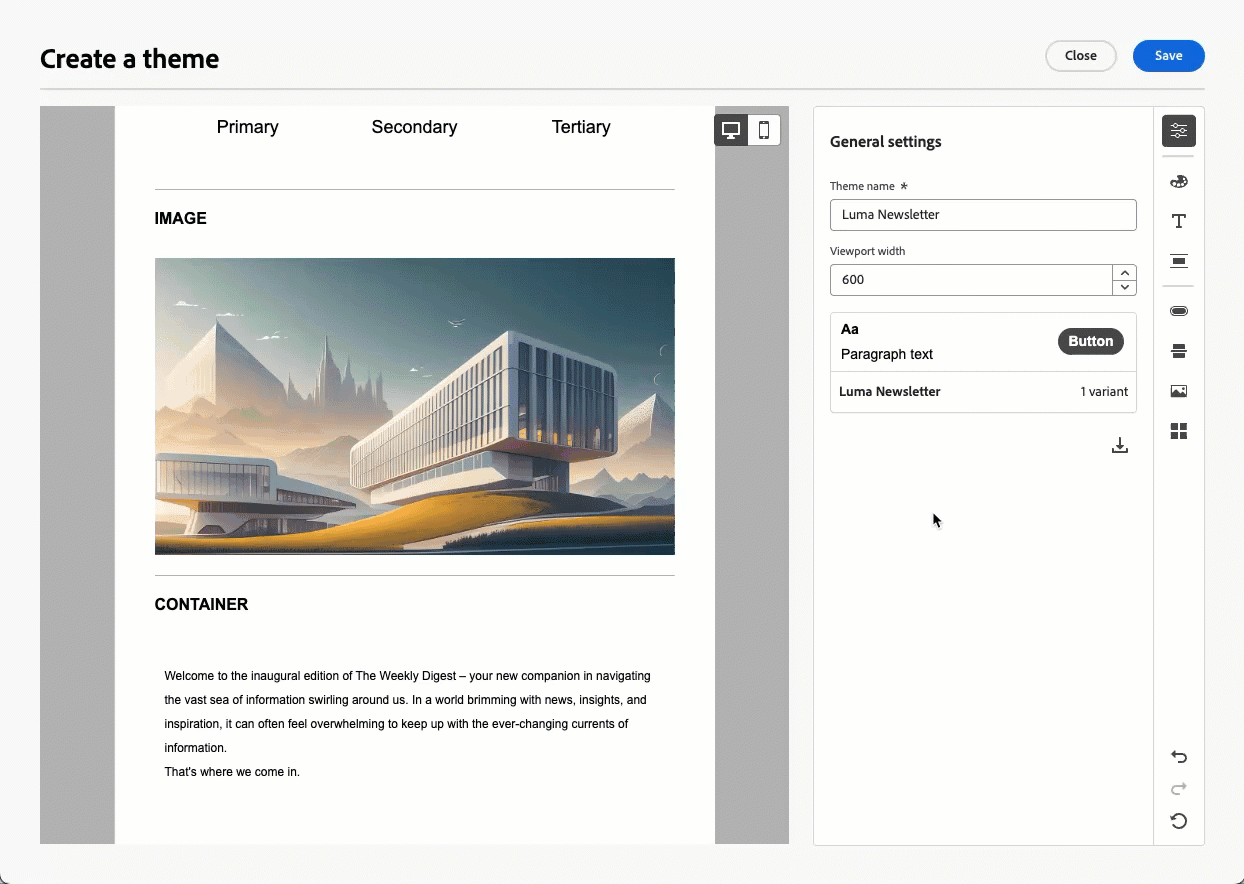 プリセットとカスタムカラーを使用したテーマカラーパレットの編集のアニメーション