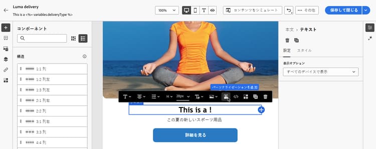 パーソナライゼーションでの deliveryType 変数の使用を示すスクリーンショット
