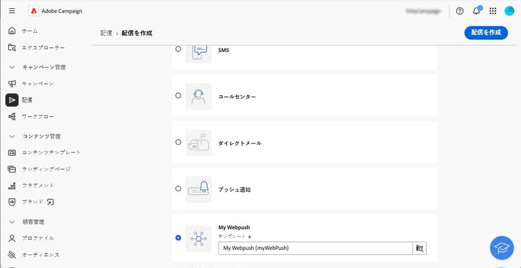 カスタム配信の作成を示すスクリーンショット