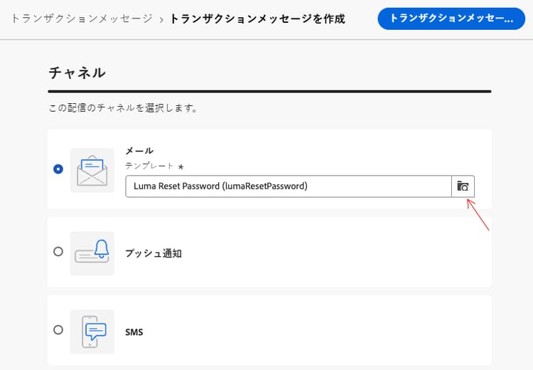 トランザクションメッセージのチャネル選択を示すスクリーンショット。