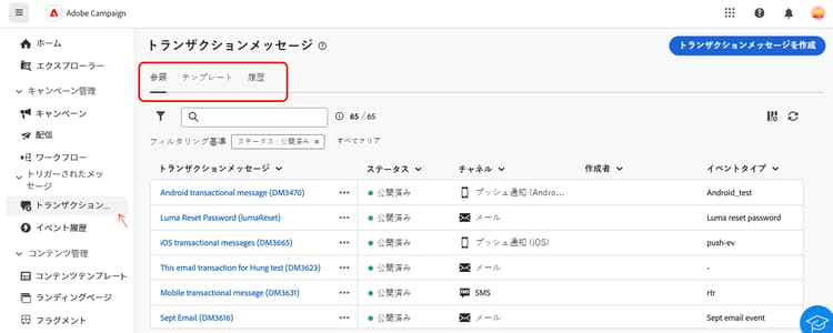 トリガーされたメッセージとそのステータスを示すトランザクションメッセージインターフェイス