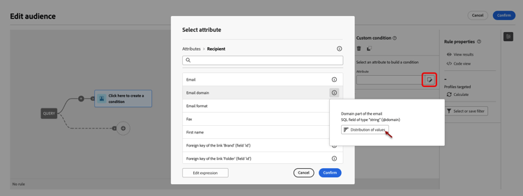 説明：クエリ内の値の配分オプションへのアクセス。