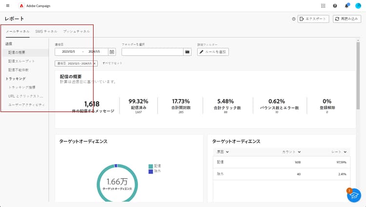 各チャネルからデータを移動するための左側のメニューとタブを示すスクリーンショット