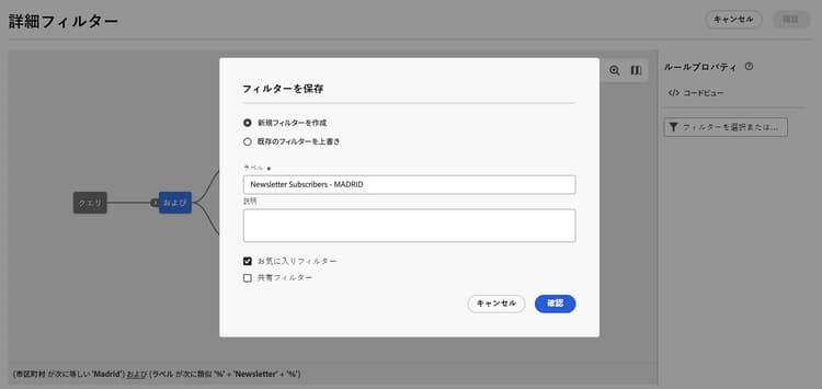 フィルターの詳細の保存インターフェイス