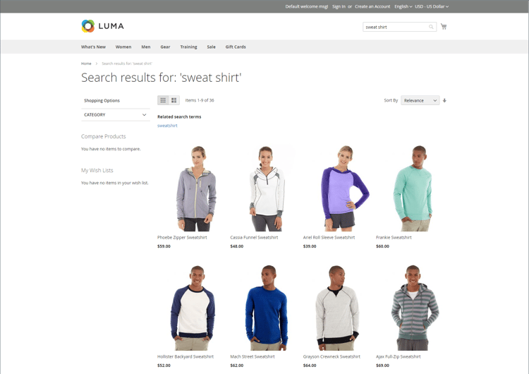 ​ ストアフロントの例 – 同義語を使用した検索結果 ​