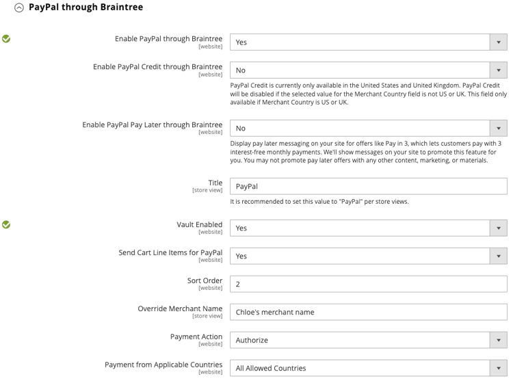Braintree設定を使用した PayPal 1