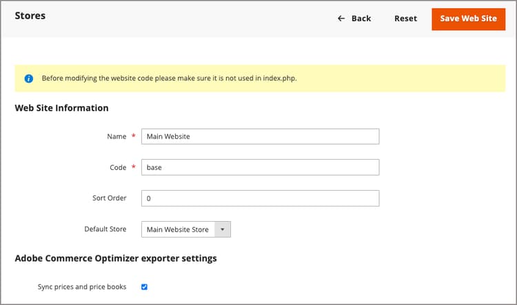 Web サイトの作成 – Adobe Commerce Optimizer エクスポーターの設定