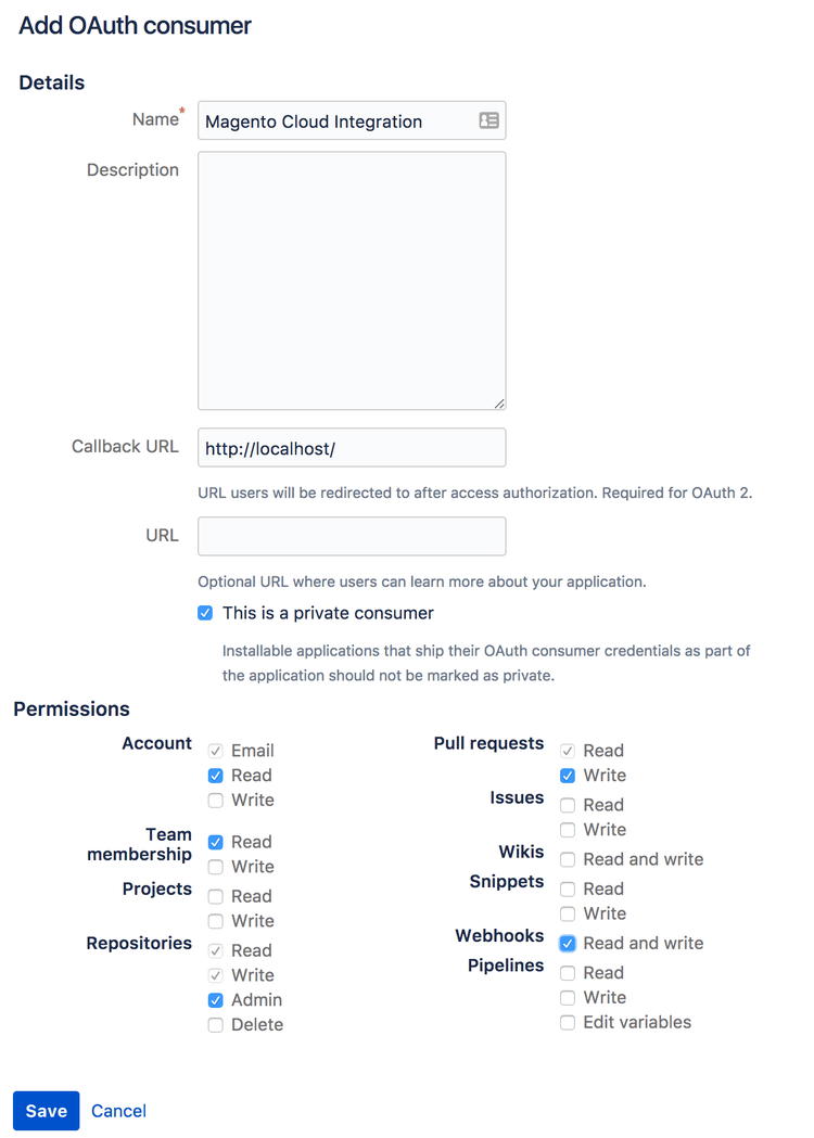 Bitbucket OAuth コンシューマー設定