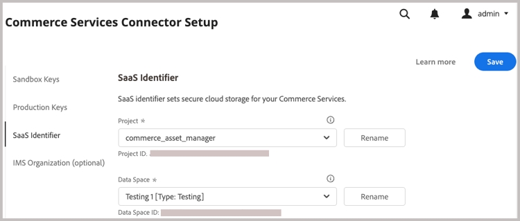 AEM Assets統合用の SaaS プロジェクトおよびデータ空間 ID