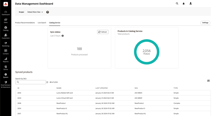 接続されたCommerce サービスに同期されたカタログ データを表示するData Management ダッシュボード ​