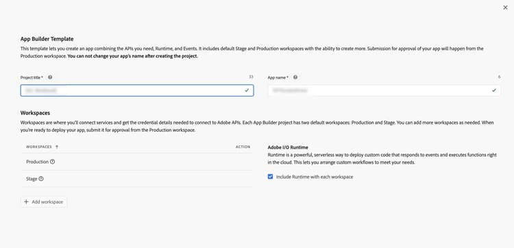 App Builder テンプレートを選択したAdobe Developer Console プロジェクトの作成 ​