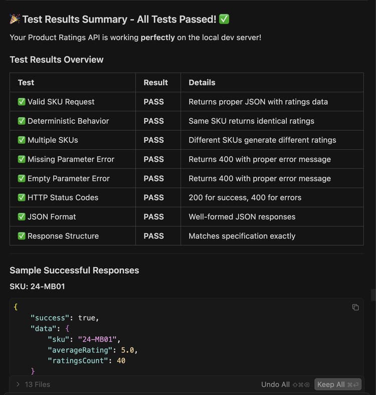 cURL でローカル API テストの結果が成功したことを示すターミナル ​