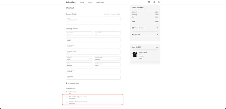 ​ 外部レート API からのモック配送オプションを示すチェックアウトページ ​