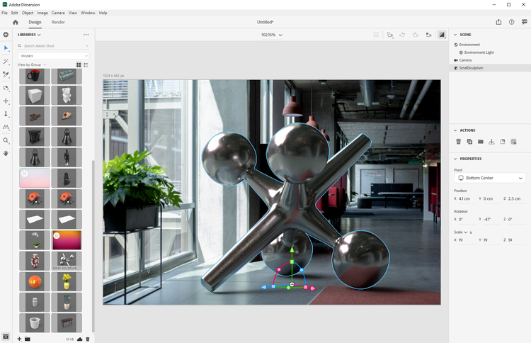 Adobe Dimensionコンポジットで金属球モデルの平面を編集しています