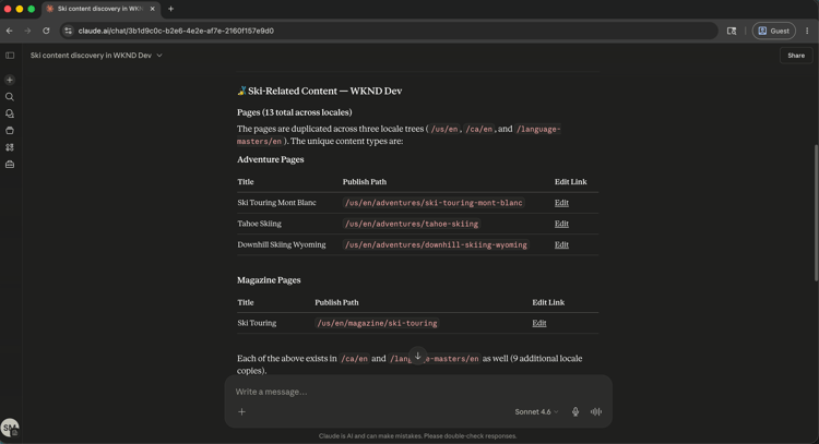 WKND Dev AEM環境からのスキーコンテンツの検索結果を表示するAI クライアント ​