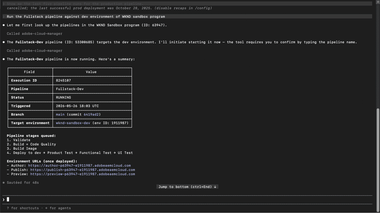 ​ パイプラインのトリガー確認と、実行中のパイプラインを反映したCloud Manager UIを表示するAI クライアント ​