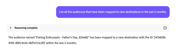 AI アシスタントには、過去3か月間に新しい宛先にマッピングされた1人のオーディエンスが一覧表示されます。