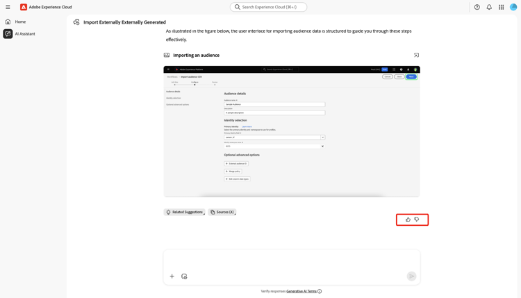 AI アシスタントのサムズアップとサムズダウンのアイコン。