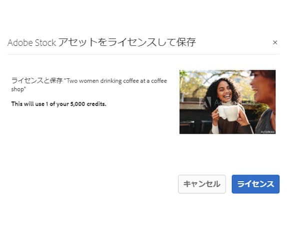 Adobe Stock アセットのライセンスを許諾して Experience Manager Assets に保存するためのダイアログ