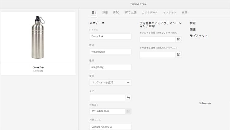 アセットのプロパティの「基本」タブ（アセットタイプを変更できない）
